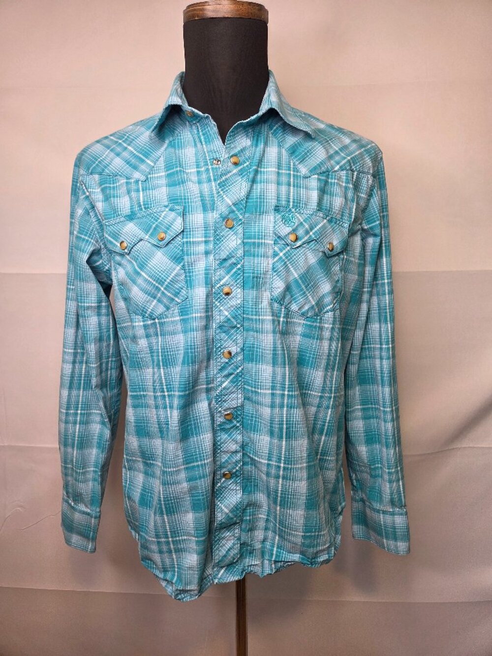 Wrangler Retro Western Shirts Men's Button Up Teal Plaid Cotton Size L
